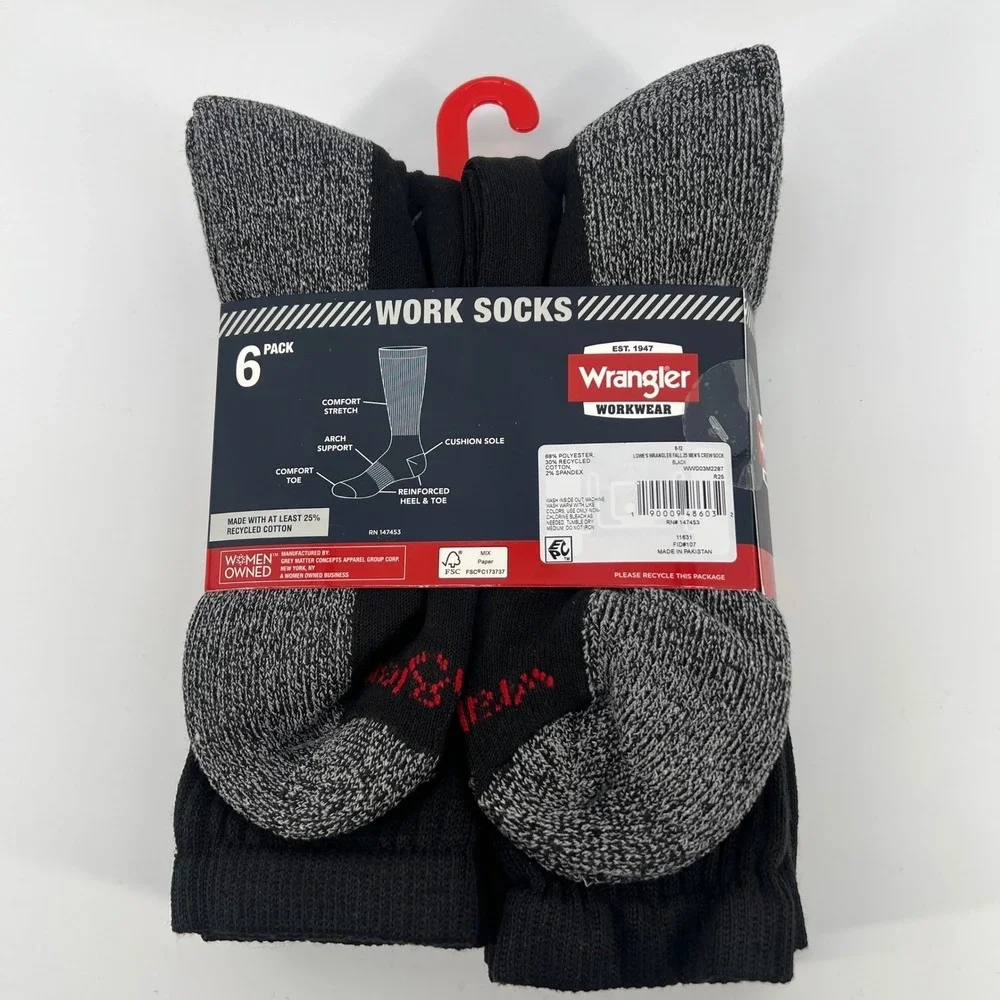 Wrangler Workwear Men's 6 Pack Black Cushion Comfort‎ Work Socks Size 6-12